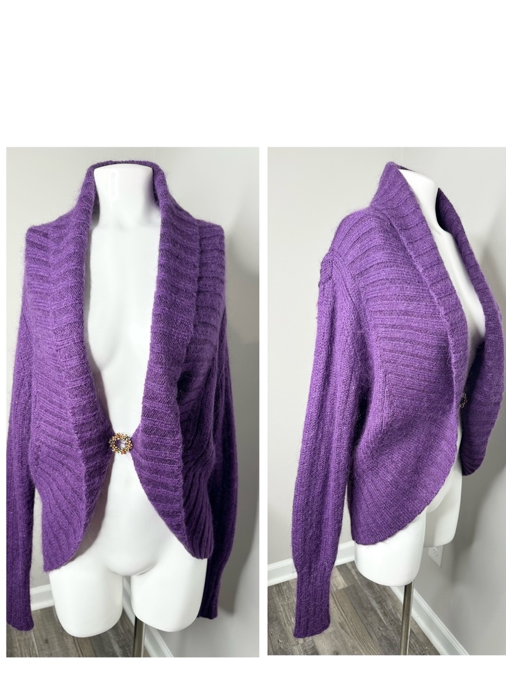 Massini Purple Open-Front Draped Knit Cardigan with Decorative Clasp -L